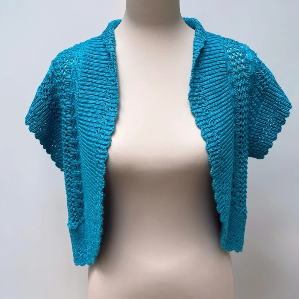 Sweaterworks Bolero Shrug SmTurquoise Blue Pointelle Open Knit Cropped Coastal - Picture 2 of 7